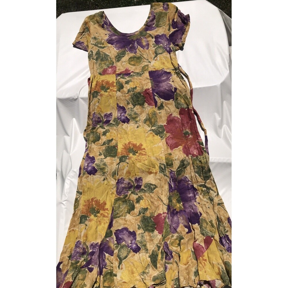 Vtg Jams World Maxi Dress Women M Multicolor Floral Abstract Crinkle Rayon
